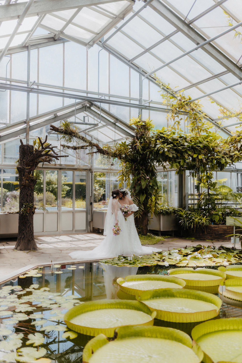 Botanischer Garten Bonn Hochzeit mit Brautpaar am Seerosenteich im Gewächshaus