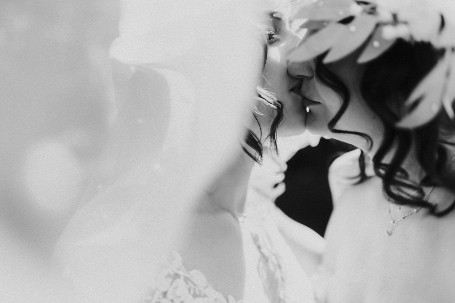 Kreatives Hochzeitsfoto unter Schleier, gleichgeschlechtliche Liebe im Fokus